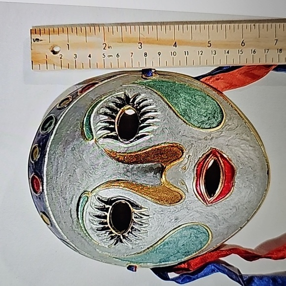 Solid Brass Masks Hand Painted Mardi Gras Vintage Lot of 3 Wall Art - Picture 7 of 8